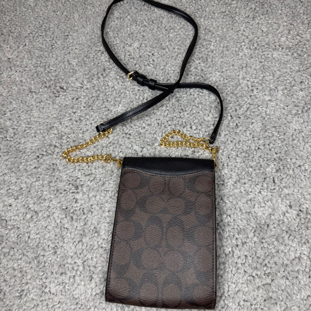 Coach North South Phone Crossbody Bag Signature Canvas Black Brown Gold C6884 - Picture 2 of 3